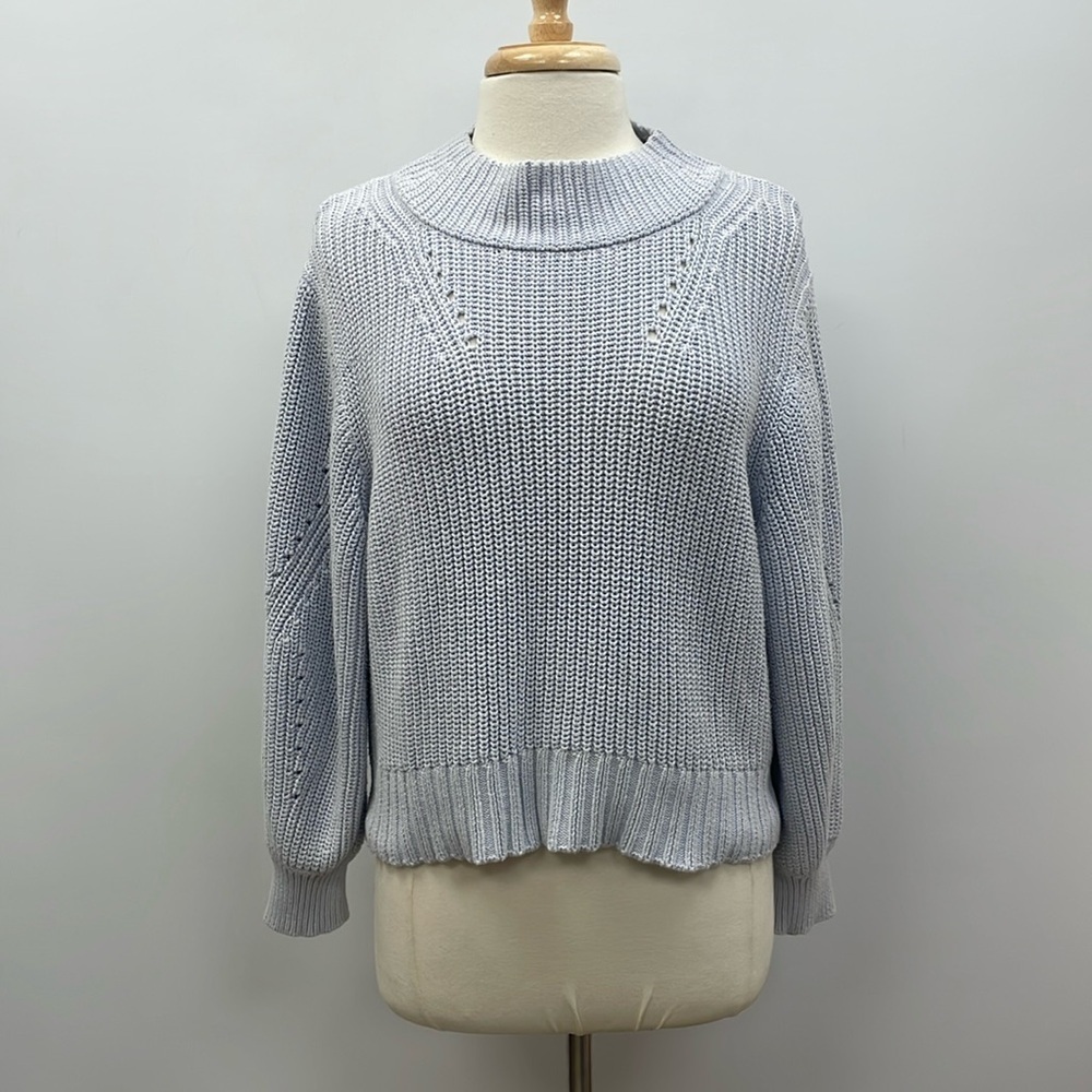 J. Crew Pointelle Mock Neck Chunky Knit Pullover Sweater Minimalist Blue Small